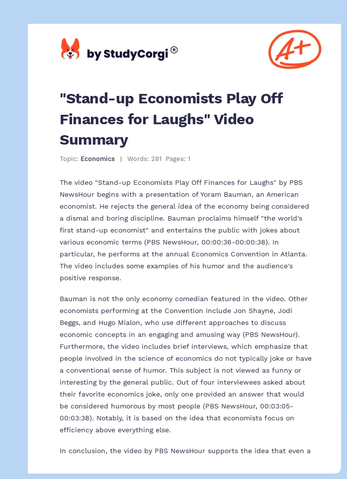 "Stand-up Economists Play Off Finances for Laughs" Video Summary. Page 1