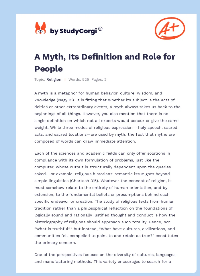A Myth, Its Definition and Role for People. Page 1