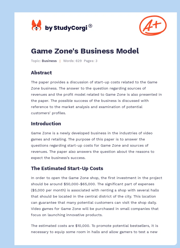 Game Zone's Business Model. Page 1
