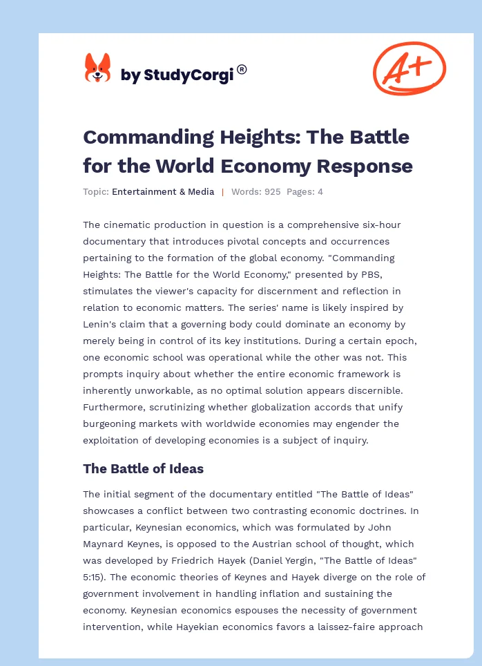 Commanding Heights: The Battle for the World Economy Response. Page 1