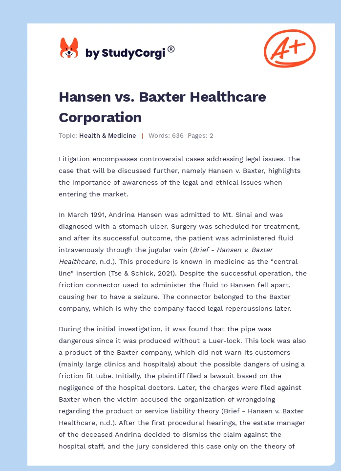 Hansen vs. Baxter Healthcare Corporation. Page 1