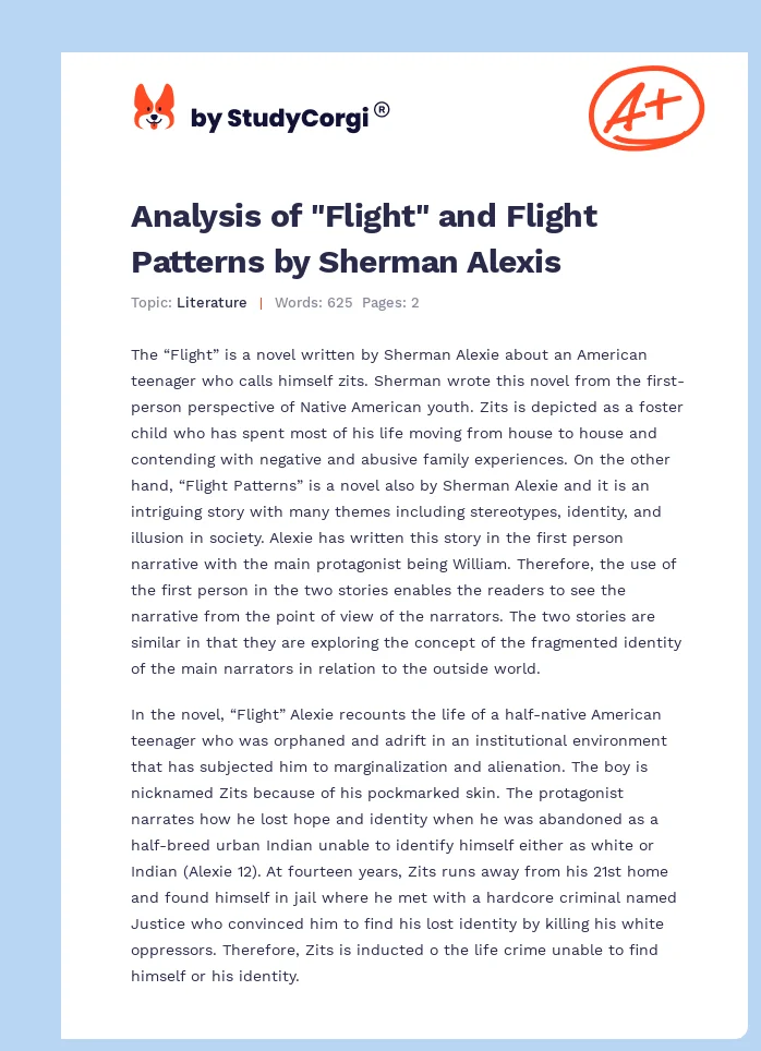 Analysis of "Flight" and Flight Patterns by Sherman Alexis. Page 1