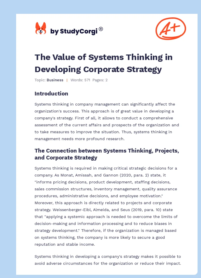 The Value of Systems Thinking in Developing Corporate Strategy. Page 1
