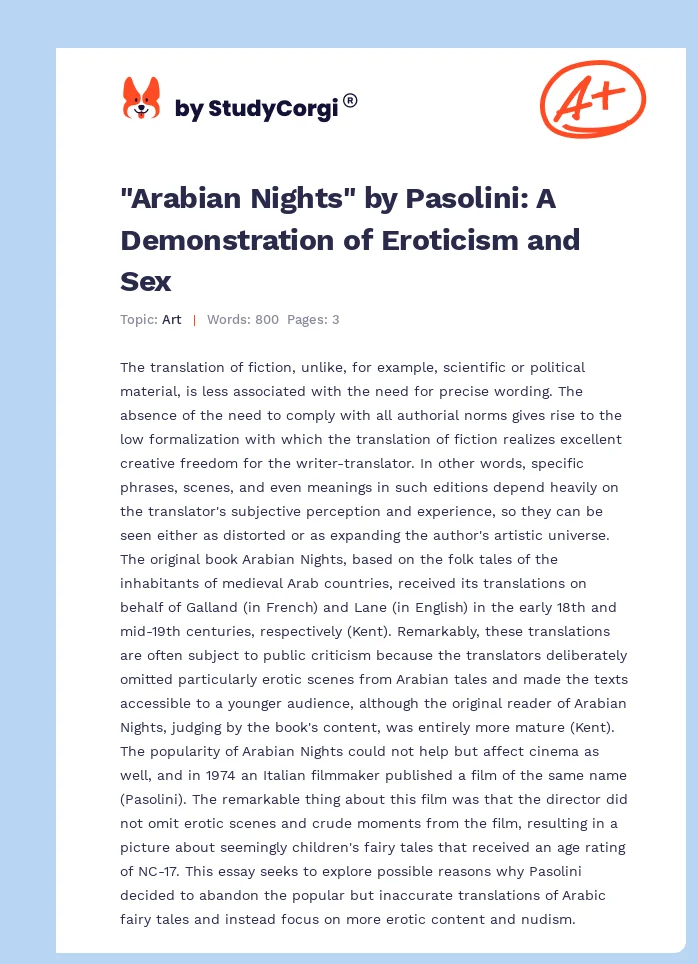 Arabian Nights By Pasolini A Demonstration Of Eroticism And Sex Free Essay Example