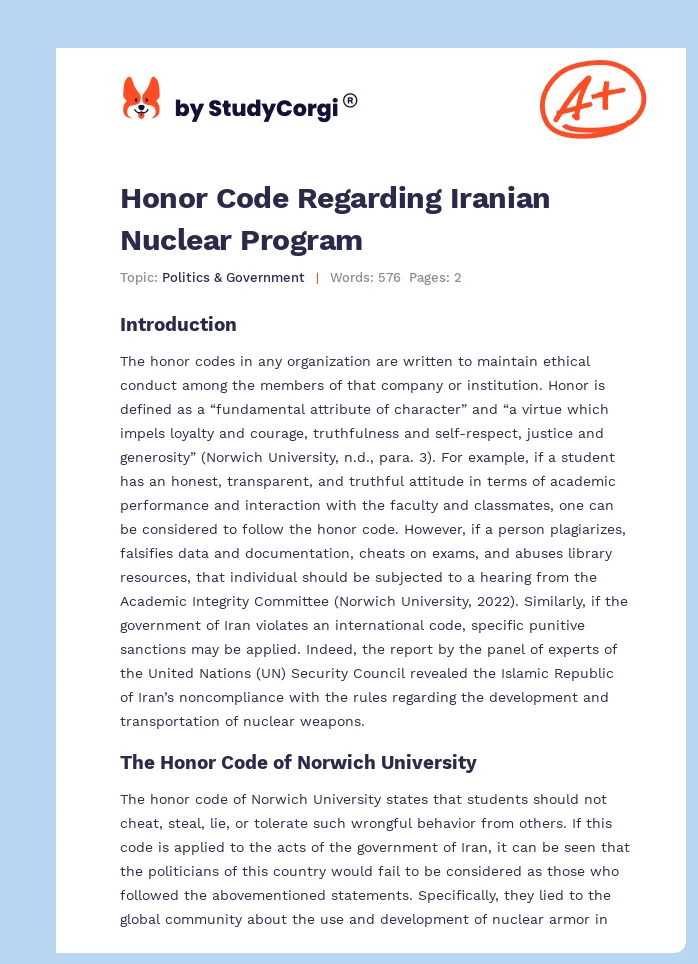 Honor Code Regarding Iranian Nuclear Program. Page 1
