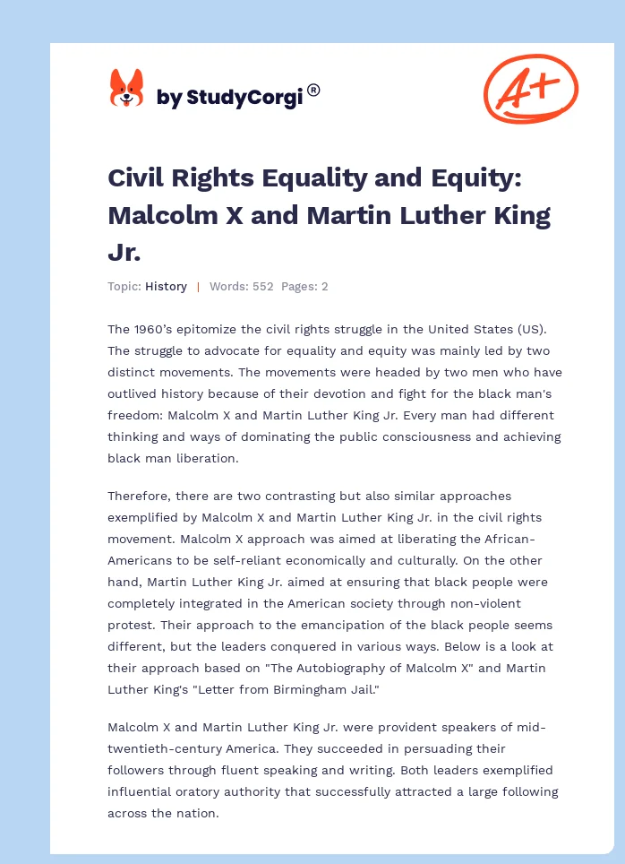 Civil Rights Equality and Equity: Malcolm X and Martin Luther King Jr.. Page 1