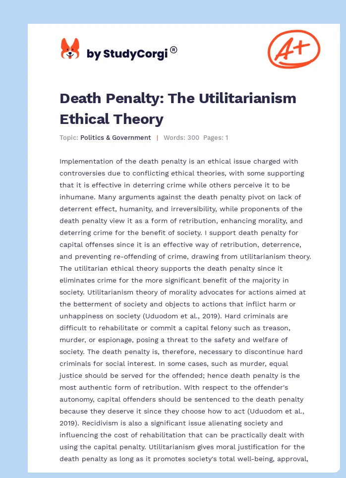 Death Penalty: The Utilitarianism Ethical Theory. Page 1