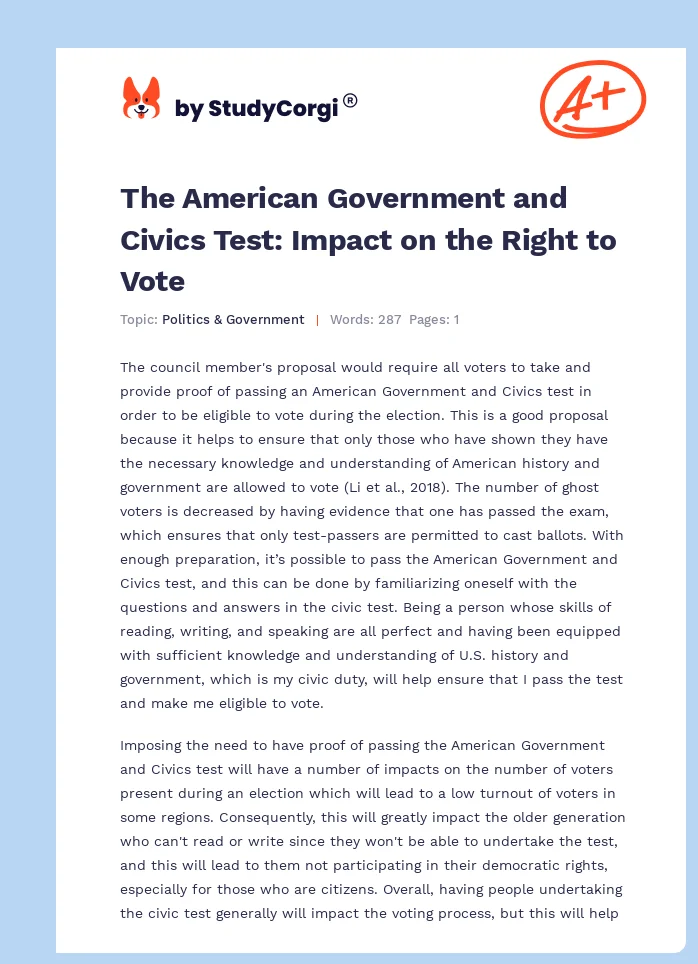 The American Government and Civics Test: Impact on the Right to Vote. Page 1