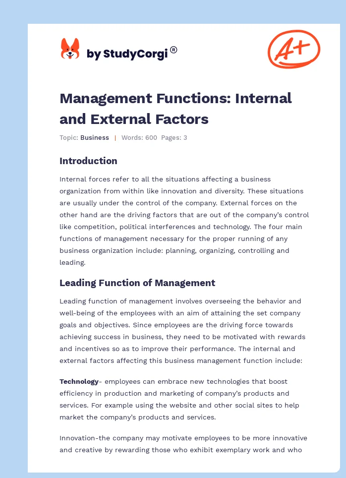 Management Functions: Internal and External Factors. Page 1