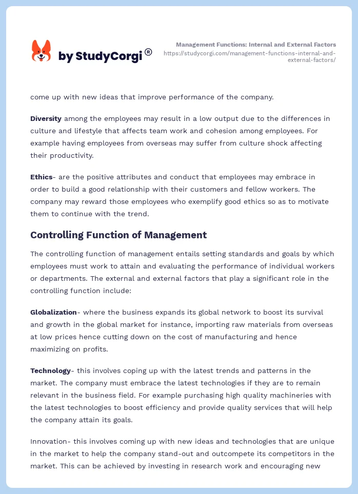 Management Functions: Internal and External Factors. Page 2