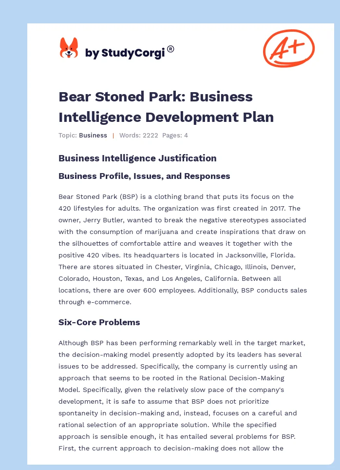 Bear Stoned Park: Business Intelligence Development Plan. Page 1