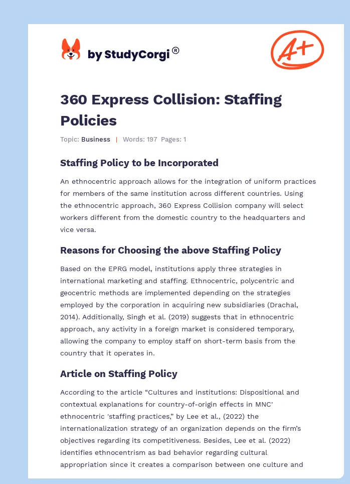 360 Express Collision: Staffing Policies. Page 1