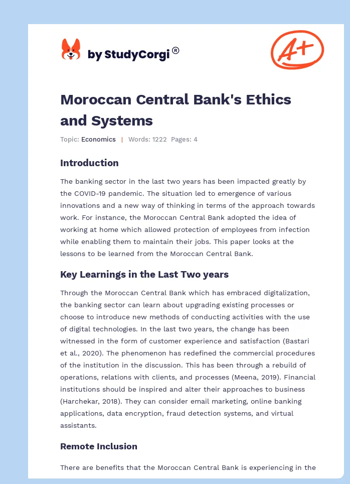 Moroccan Central Bank's Ethics and Systems. Page 1