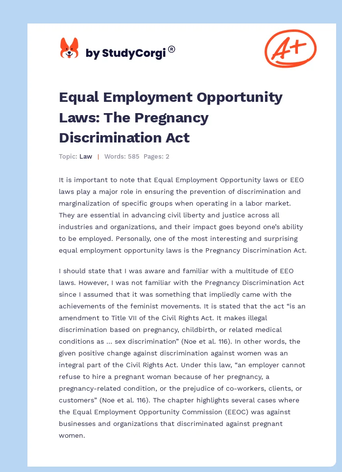 Equal Employment Opportunity Laws: The Pregnancy Discrimination Act. Page 1