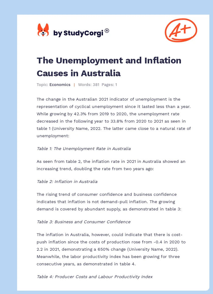 The Unemployment and Inflation Causes in Australia. Page 1
