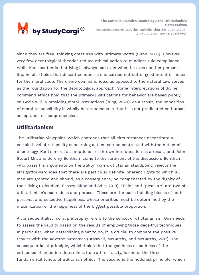 The Catholic Church’s Deontology and Utilitarianism Perspectives. Page 2