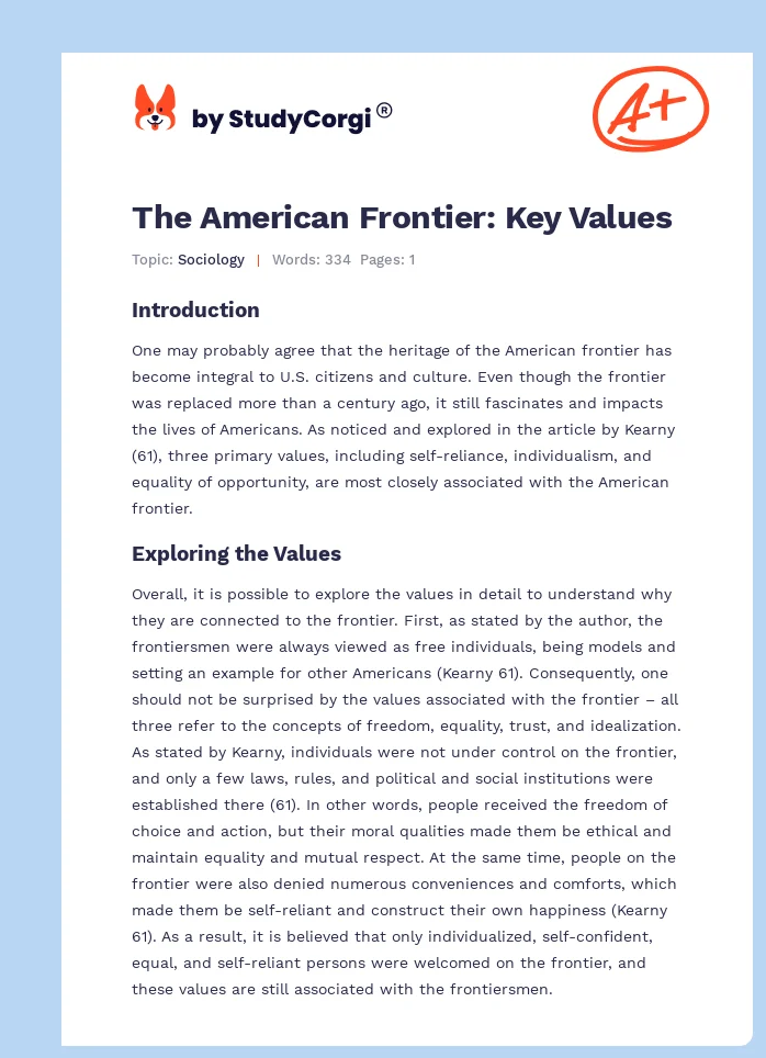The American Frontier: Key Values. Page 1