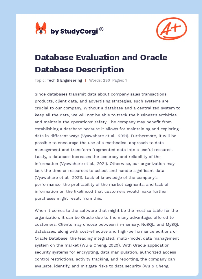 Database Evaluation and Oracle Database Description. Page 1