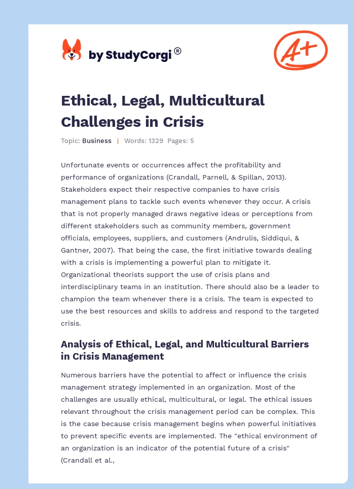 Ethical, Legal, Multicultural Challenges in Crisis. Page 1