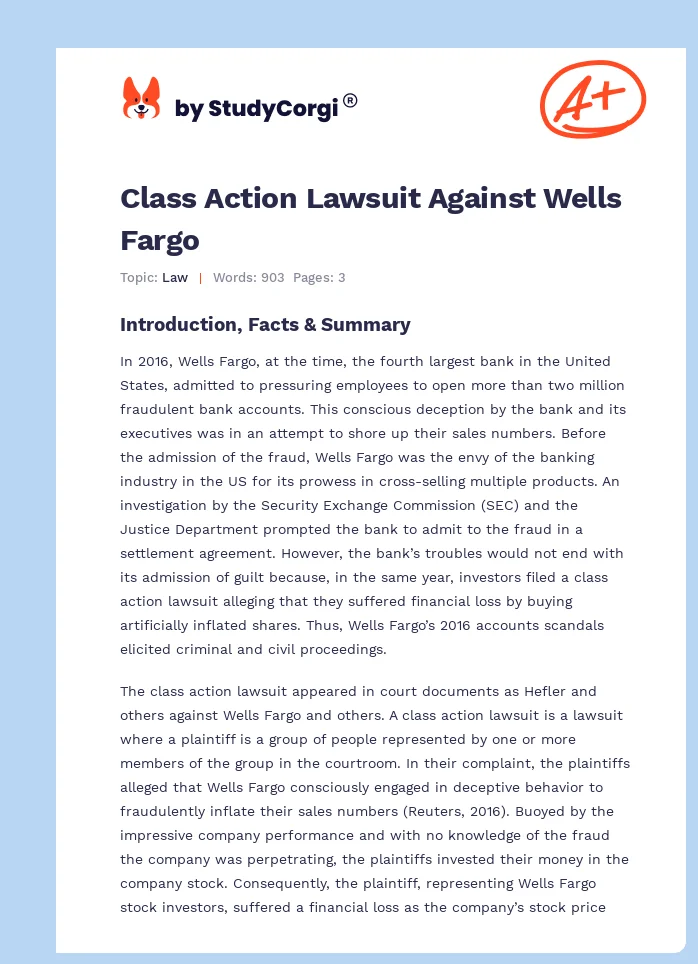 Class Action Lawsuit Against Wells Fargo. Page 1