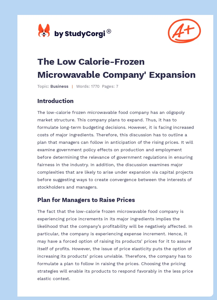 The Low Calorie-Frozen Microwavable Company' Expansion. Page 1