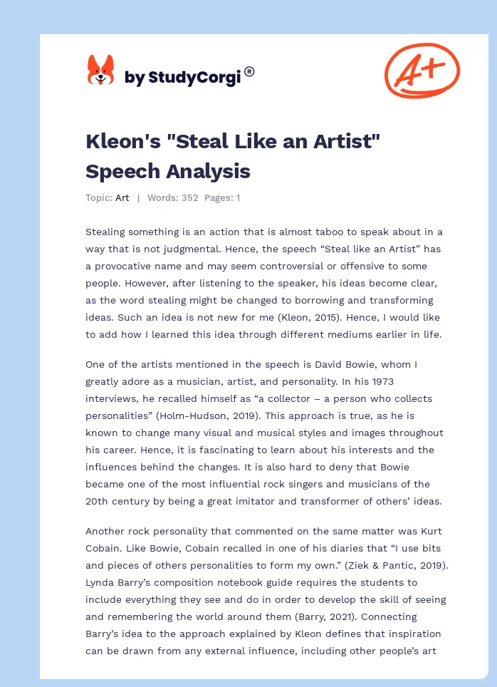 Kleon's "Steal Like an Artist" Speech Analysis. Page 1