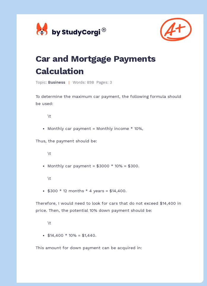 Car and Mortgage Payments Calculation. Page 1