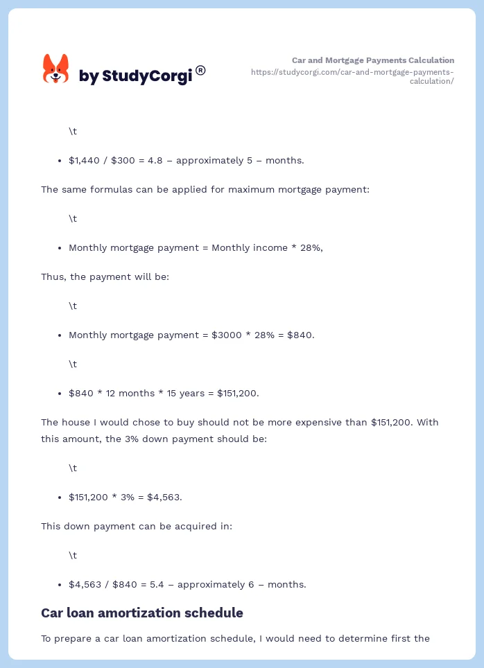 Car and Mortgage Payments Calculation. Page 2