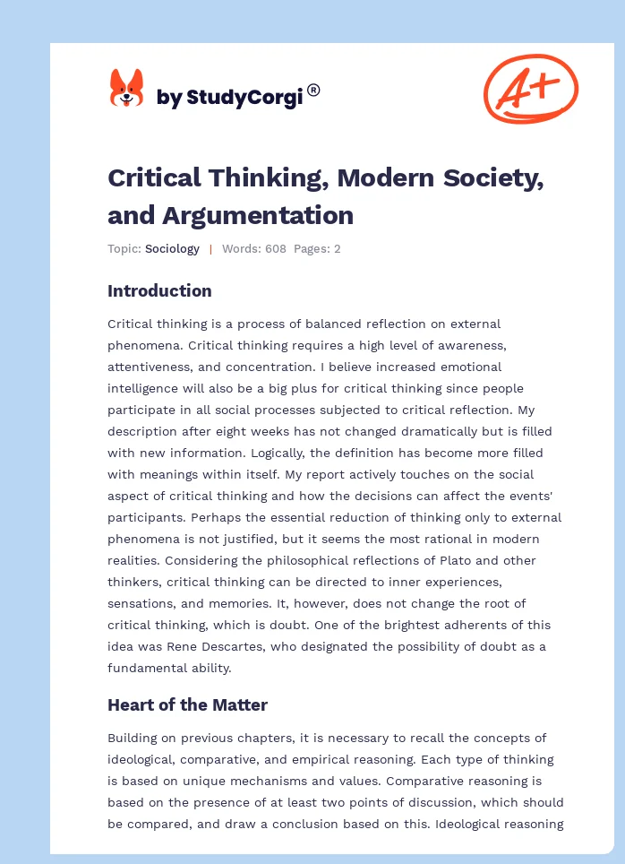 Critical Thinking, Modern Society, and Argumentation. Page 1