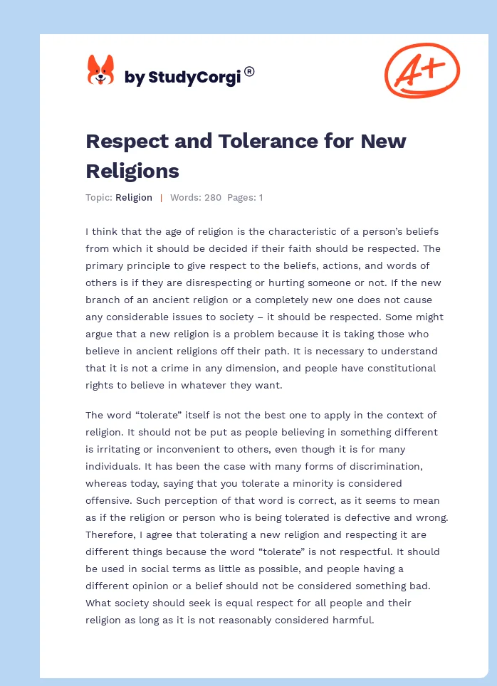 Respect and Tolerance for New Religions. Page 1