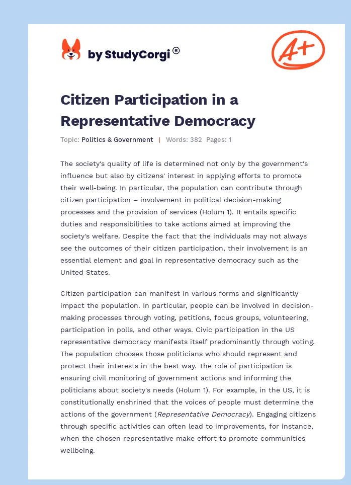 Citizen Participation in a Representative Democracy. Page 1