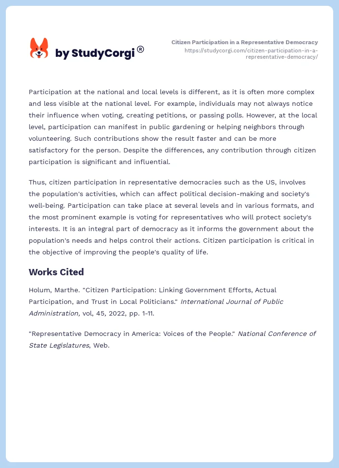 Citizen Participation in a Representative Democracy. Page 2