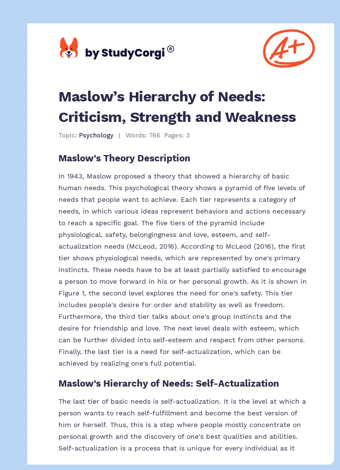 Maslow’s Hierarchy of Needs: Criticism, Strength and Weakness. Page 1
