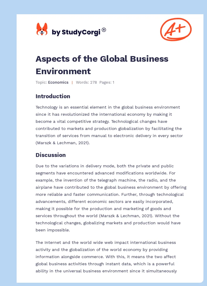 Aspects of the Global Business Environment. Page 1