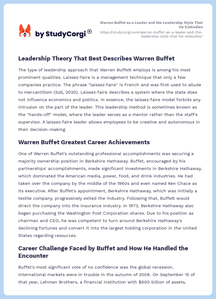 Warren Buffet as a Leader and the Leadership Style That He Embodies. Page 2