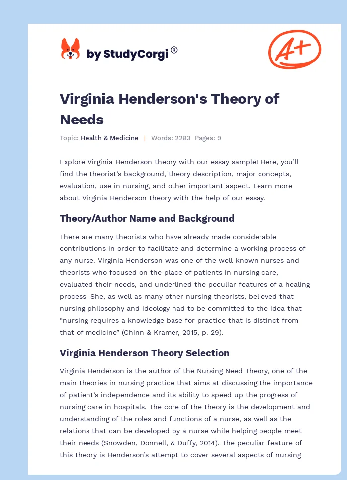 Virginia Henderson's Theory of Needs. Page 1