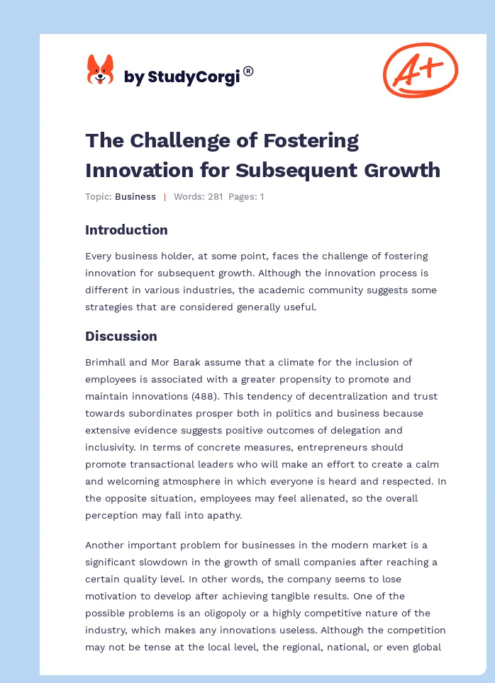 The Challenge of Fostering Innovation for Subsequent Growth. Page 1
