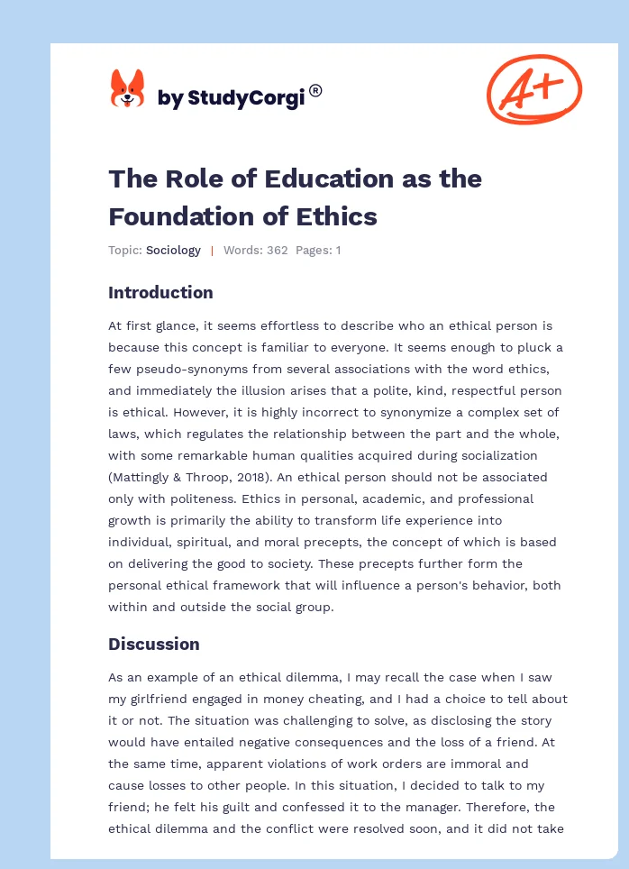 The Role of Education as the Foundation of Ethics. Page 1