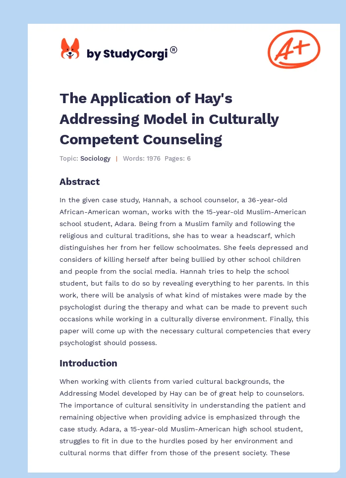 The Application of Hay's Addressing Model in Culturally Competent Counseling. Page 1