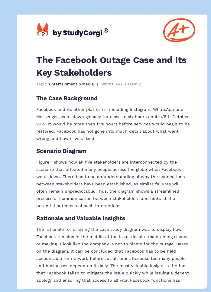The Facebook Outage Case and Its Key Stakeholders. Page 1