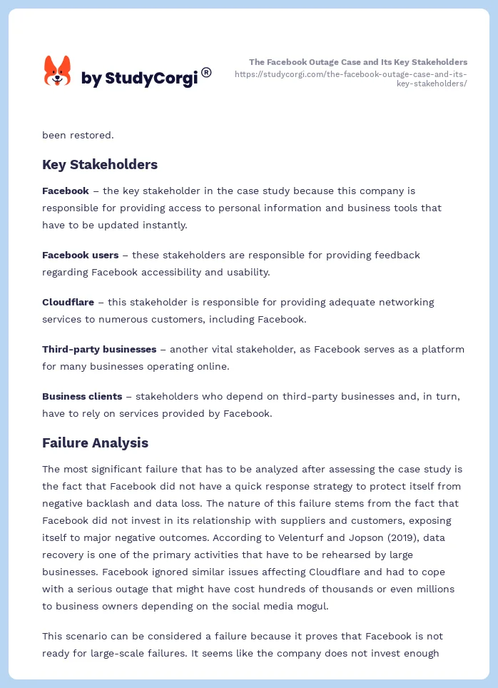 The Facebook Outage Case and Its Key Stakeholders. Page 2