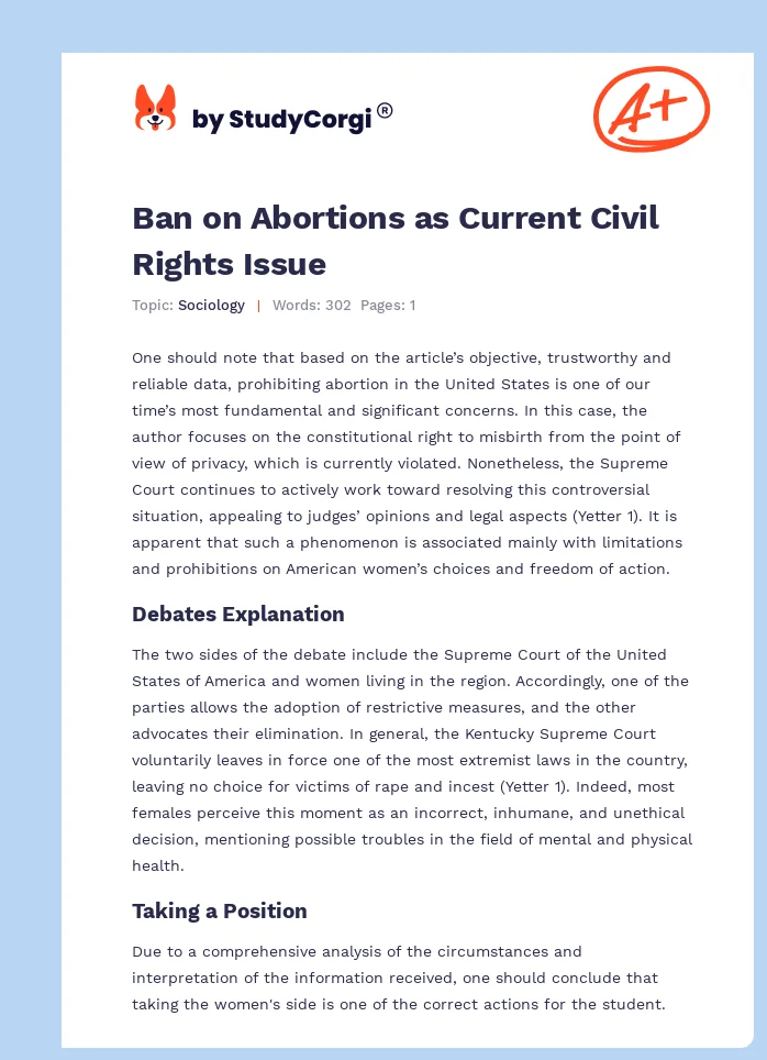 Ban on Abortions as Current Civil Rights Issue. Page 1