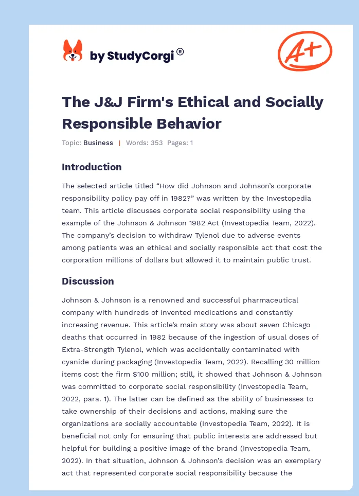 The J&J Firm's Ethical and Socially Responsible Behavior. Page 1