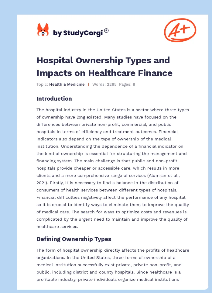Hospital Ownership Types and Impacts on Healthcare Finance. Page 1