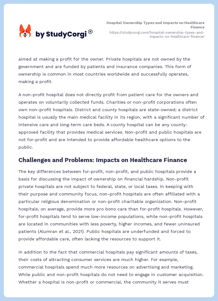 Hospital Ownership Types and Impacts on Healthcare Finance. Page 2