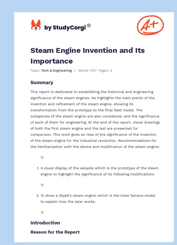 Steam Engine Invention and Its Importance. Page 1