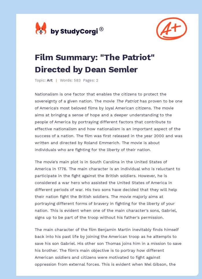 Film Summary: "The Patriot" Directed by Dean Semler. Page 1