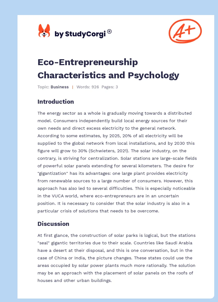 Eco-Entrepreneurship Characteristics and Psychology. Page 1