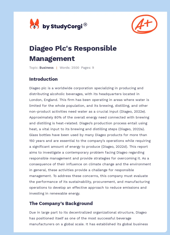Diageo Plc's Responsible Management. Page 1