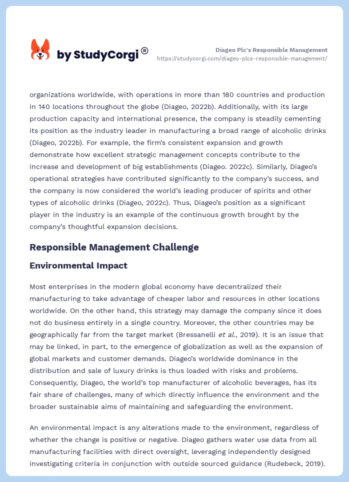 Diageo Plc's Responsible Management. Page 2